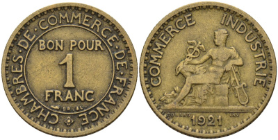 Франция 1 франк 1921 KM 876 алюминиевая бронза 4143-527