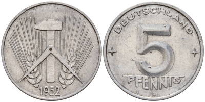 ГДР 5 пфеннигов 1952 A KM 6 алюминий 206-439