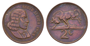 ЮАР 2 цента 1965 Ян ван Рибек (1619-1677), South Africa, легенда на английском, антилопа KM 66.1 бронза 4660-915