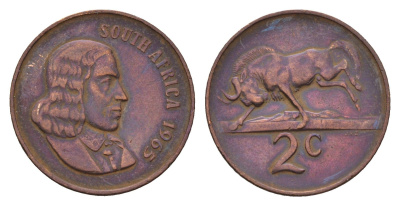 ЮАР 2 цента 1965 Ян ван Рибек (1619-1677), South Africa, легенда на английском, антилопа KM 66.1 бронза 4660-915