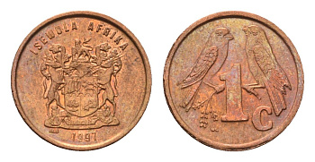 ЮАР 1 цент 1997 герб, капские воробьи KM 170 сталь плакированная медью UNC 4694-221
