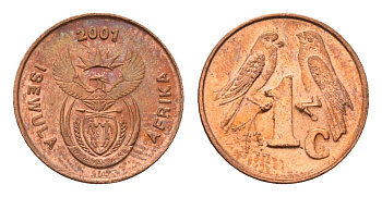 ЮАР 1 цент 2001 герб, капские воробьи KM 221 сталь плакированная медью UNC 4694-159