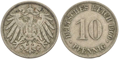 Германия 10 пфеннигов 1900 D KM 12, J. 13 медно-никель 4401-1136