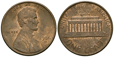 США 1 цент 1986 D, Линкольн KM 201b цинк плакированный медью 4136-311