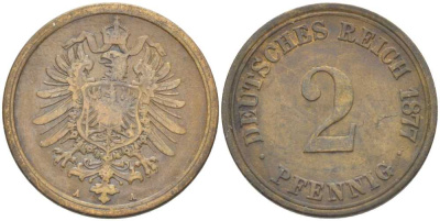ГЕРМАНИЯ 2 ПФЕННИГА 1877 A, СТАРОГЕРБОВКА KM 2, J. 2, Weege 3 медь 212-721