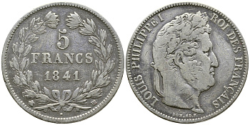 Франция 5 франков 1841 BB, Луи Филипп I (1830-1848) KM 749.3 серебро 4386-132