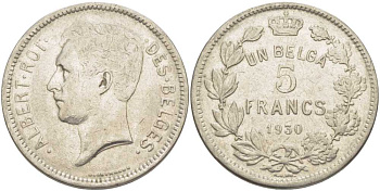 БЕЛЬГИЯ 5 ФРАНКОВ 1930 АЛЬБЕРТ I, DES BELGES KM 97.1 никель 3851-115
