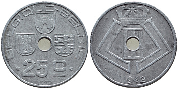 БЕЛЬГИЯ 25 САНТИМОВ 1942 BELGIE-BELGIQUE, ГЕРМАНСКАЯ ОККУПАЦИЯ, ВТОРАЯ МИРОВАЯ ВОЙНА KM 132 цинк 86-1151