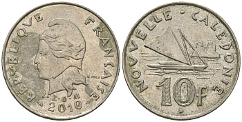 Французская Новая Каледония 10 франков 2010 рыбачья парусная лодка, (IEOM) KM 11a, Schoen 13a, Lec 99k медно-никель 62-1246