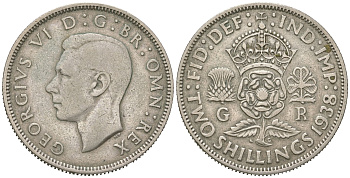 Великобритания 2 шиллинга (флорин) 1938 Георг VI (1936-1952) KM 855, Spink 4081 серебро 4619-841