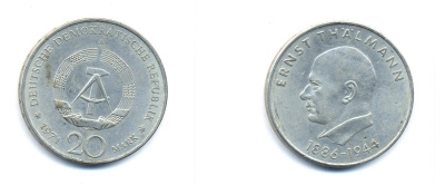 ГДР 20 марок 1971 A, 85 лет со дня рождения Эрнста Тельмана KM 34, J. 1535 медно-никель 3333-541