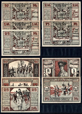 Белгард (Пруссия, Померания) полный набор из 5 нотгельдов (25, 50 и 75 пфеннигов; 1 и 2 марки) 1921 Mehl Grabowski 69.2a бумага UNC (пресс) 7556-46-4-2