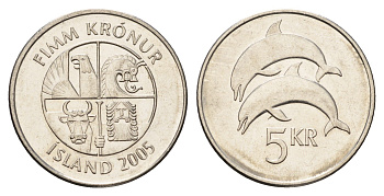 Исландия 5 крон 2005 дельфины KM 28a сталь плакированная никелем UNC 4691-425