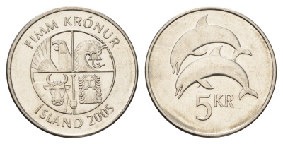 Исландия 5 крон 2005 дельфины KM 28a сталь плакированная никелем UNC 4691-425
