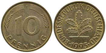 ФРГ 10 ПФЕННИГОВ 1993 F KM 108, J.383 сталь плакированная латунью 41-1026