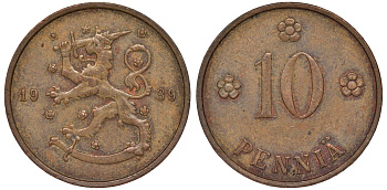 Финляндия 10 пенни 1939 KM 24 медь 51-3135