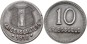 ПФАЛЬЦ, КАЙЗЕРЗЛАУТЕРН 10 ПФЕННИГОВ 1918 КРИГСГЕЛЬД, НОТГЕЛЬД железо 75-1644
