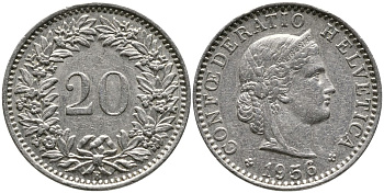 ШВЕЙЦАРИЯ 20 РАППЕНОВ 1956 В KM 29а медно-никель 4539-555