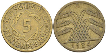 ГЕРМАНИЯ 5 РЕНТЕНПФЕННИГОВ 1924 A KM 43, J. 308, Weege 6 алюминиевая бронза 206-765