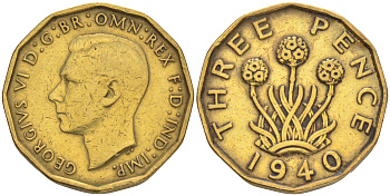 Великобритания 3 пенса 1940 Георг VI (1936-1952) KM 849, Spink 4112 никель латунь 4556-1047