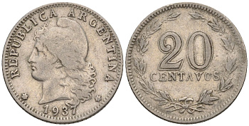 Аргентина 20 сентаво 1937 голова свободы влево KM 36, CJ 84, Schon 39 медно-никель    60-914