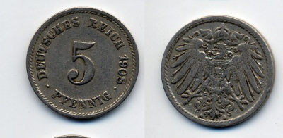 Германия 5 пфеннигов 1908 A KM 11, Jager 12, Weege 6 медно-никель 84-1666