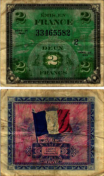 ФРАНЦИЯ 2 ФРАНКА 1944 BLOCK # 2, ПЕРВЫЙ ДОПОЛНИТЕЛЬНЫЙ ВЫПУСК Pick 114b бумага 7183-14-2-1