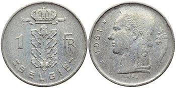БЕЛЬГИЯ 1 ФРАНК 1951 BELGIE KM 143.1 медно-никель 4390-125