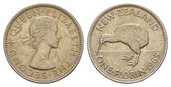 Новая Зеландия 1 флорин = 2 шиллинга 1965 Елизавета II (1952-2022), птичка киви KM 28.2 медно-никель UNC 4650-817