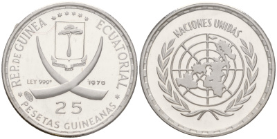Экваториальная Гвинея 25 песет 1970 Организация Объединённых Наций, в запайке KM 6 серебро PROOF 3831-321