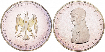 ФРГ 5 МАРОК 1977 G, 200 ЛЕТ СО ДНЯ РОЖДЕНИЯ ГЕНРИХА фон КЛЕЙСТА KM 146, J. 421 серебро PROOF 1087-2-65