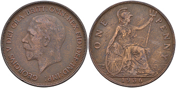 Великобритания 1 пенни 1936 Георг V (1910-1936) KM 838, Spink 4055 бронза 4593-224