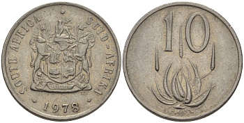 ЮАР 10 ЦЕНТОВ 1978 ГЕРБ, ЦВЕТОК АЛОЭ KM 85 никель 67-421