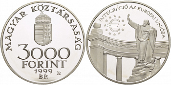 Венгрия 3000 форинтов 1999 интеграция в Европейский Союз KM 735 серебро PROOF 11-177-35