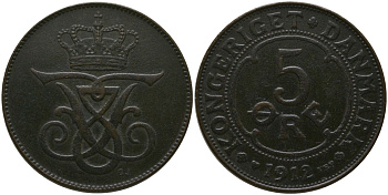 Дания 5 эре 1912 ? VBP, Фредерик VIII (1906-1912) KM 806 бронза 4571-357