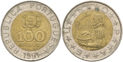 Португалия 100 эскудо 1991 Педру Нуниш (1502-1578), математик KM 645.1 биметалл 73-332