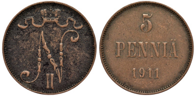 Россия для Финляндии 5 пенни 1911 Николай II (1894-1917) KM 15, Биткин 451 медь 4681-1246