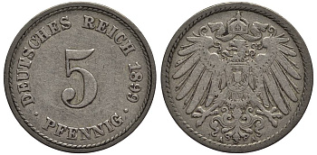 ГЕРМАНИЯ 5 ПФЕННИГОВ 1899 A KM 11, Jager 12, Weege 6 медно-никель 4547-363