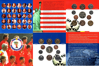 Бельгия годовой набор из 10 монет (50 сантмов; 1, 5, 20 и 50 франков) и жетон 1994 чемпионат мира по футболу 1994 года В США, в оригинальной упаковке KM MS7 (148.1, 149.1, 187, 188, 189, 190, 191, 192, 193 и 194) BU 8-2-05-50