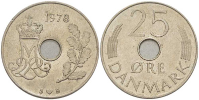 ДАНИЯ 25 ЭРЕ 1978 S; B, МАРГРЕТЕ II (1972-) KM 861.1 медно-никель 94-744