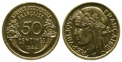 Французская Западная Африка 50 сантимов 1944 редкая KM 1, Lec 1 алюминиевая бронза aUNC 4381-934
