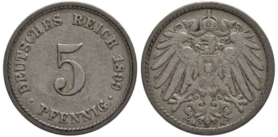 ГЕРМАНИЯ 5 ПФЕННИГОВ 1899 A KM 11, Jager 12, Weege 6 медно-никель 4547-363