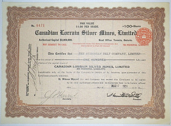 Канада, Canadian Lorrain Silver Mines, Limited 100 акций 1924 Торонто бумага 81-96