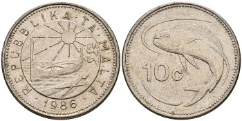 Мальта 10 центов 1986 золотая макрель KM 76 медно-никель 4588-165