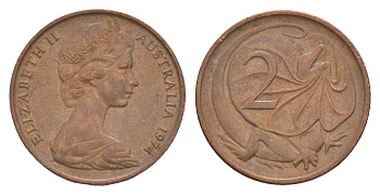 Австралия 2 цента 1974 Елизавета II (1952-2022), плащеносная ящерица KM 63 бронза 4580-463