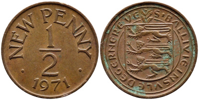 Гернси 1/2 пенни 1971 Елизавета II (1952-2022), герб KM 20 бронза 58-159