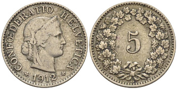 ШВЕЙЦАРИЯ 5 РАППЕНОВ 1912 В KM 26 медно-никель 4532-916