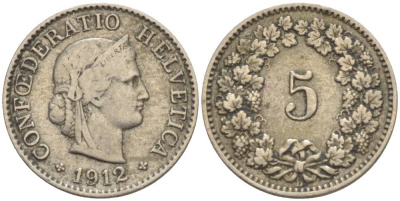 ШВЕЙЦАРИЯ 5 РАППЕНОВ 1912 В KM 26 медно-никель 4532-916