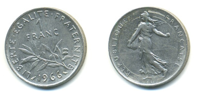 ФРАНЦИЯ 1 ФРАНК 1966 СЕЯТЕЛЬ KM 925.1 никель 57-134