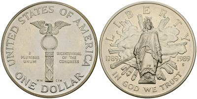 США 1 доллар 1989 S, 200 лет Конгрессу США, в оригинальной коробке KM 225 серебро PROOF 00-000-00